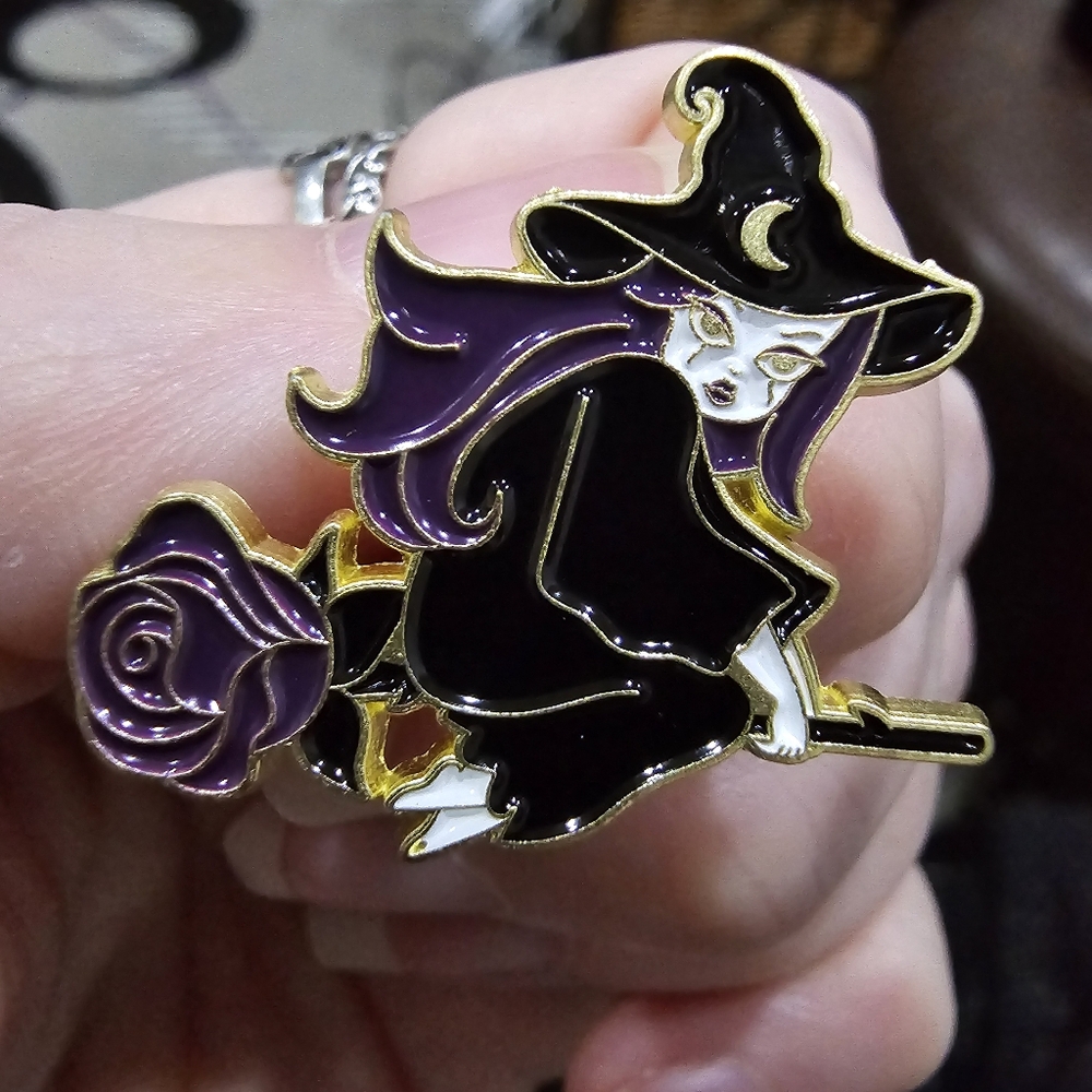 Metal Enamel Lapel Pin Witch Flying Purple Rose Besome Purple Black Gold